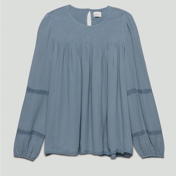 Aritzia Wilfred Ruthie Granite Blue Smocked Lace Long Sleeve Blouse Medium M - Picture 2 of 15